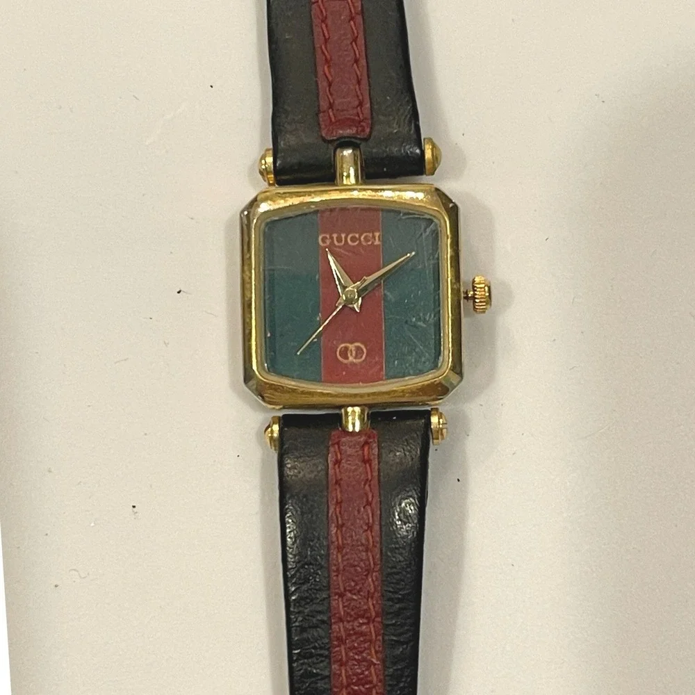 Gucci 1900L Vintage Square Web Stripe Gold Tone Leather Strap Watch